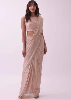Off-White Saree And Stitched Blouse With Hanging Crystals