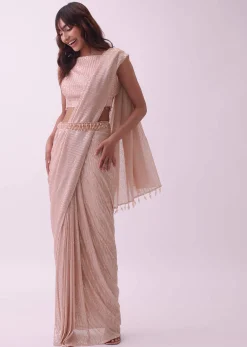 Off-White Saree And Stitched Blouse With Hanging Crystals