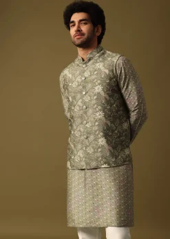 Olive Green Cutdana Embroidered Kurta Jacket Set For Men