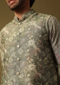 Olive Green Cutdana Embroidered Kurta Jacket Set For Men