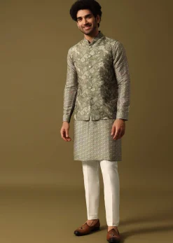 Olive Green Cutdana Embroidered Kurta Jacket Set For Men