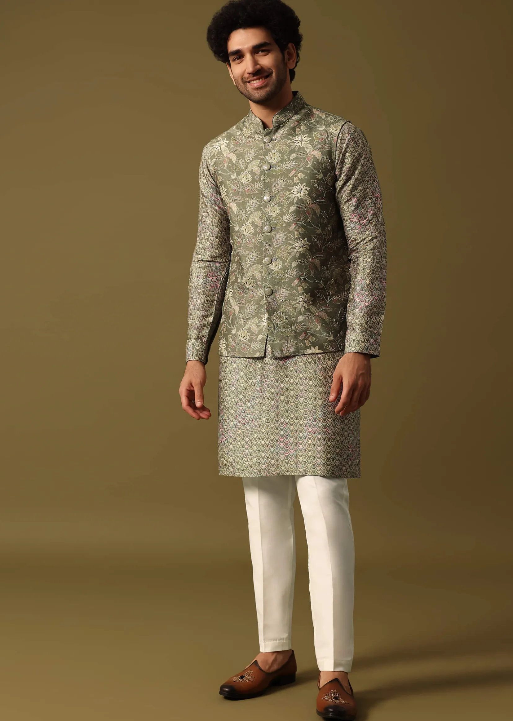 Olive Green Cutdana Embroidered Kurta Jacket Set For Men