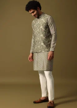 Olive Green Cutdana Embroidered Kurta Jacket Set For Men
