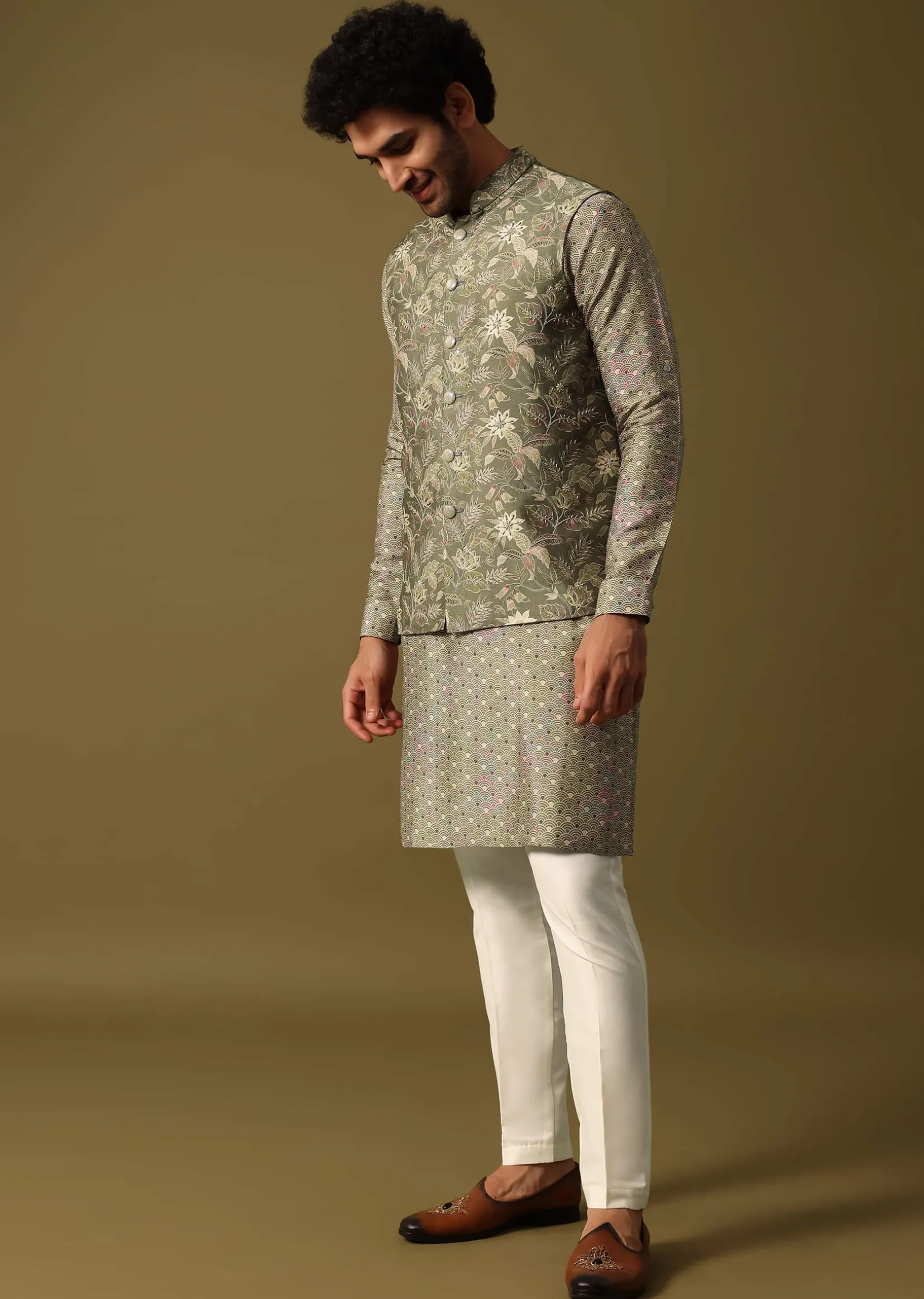 Olive Green Cutdana Embroidered Kurta Jacket Set For Men