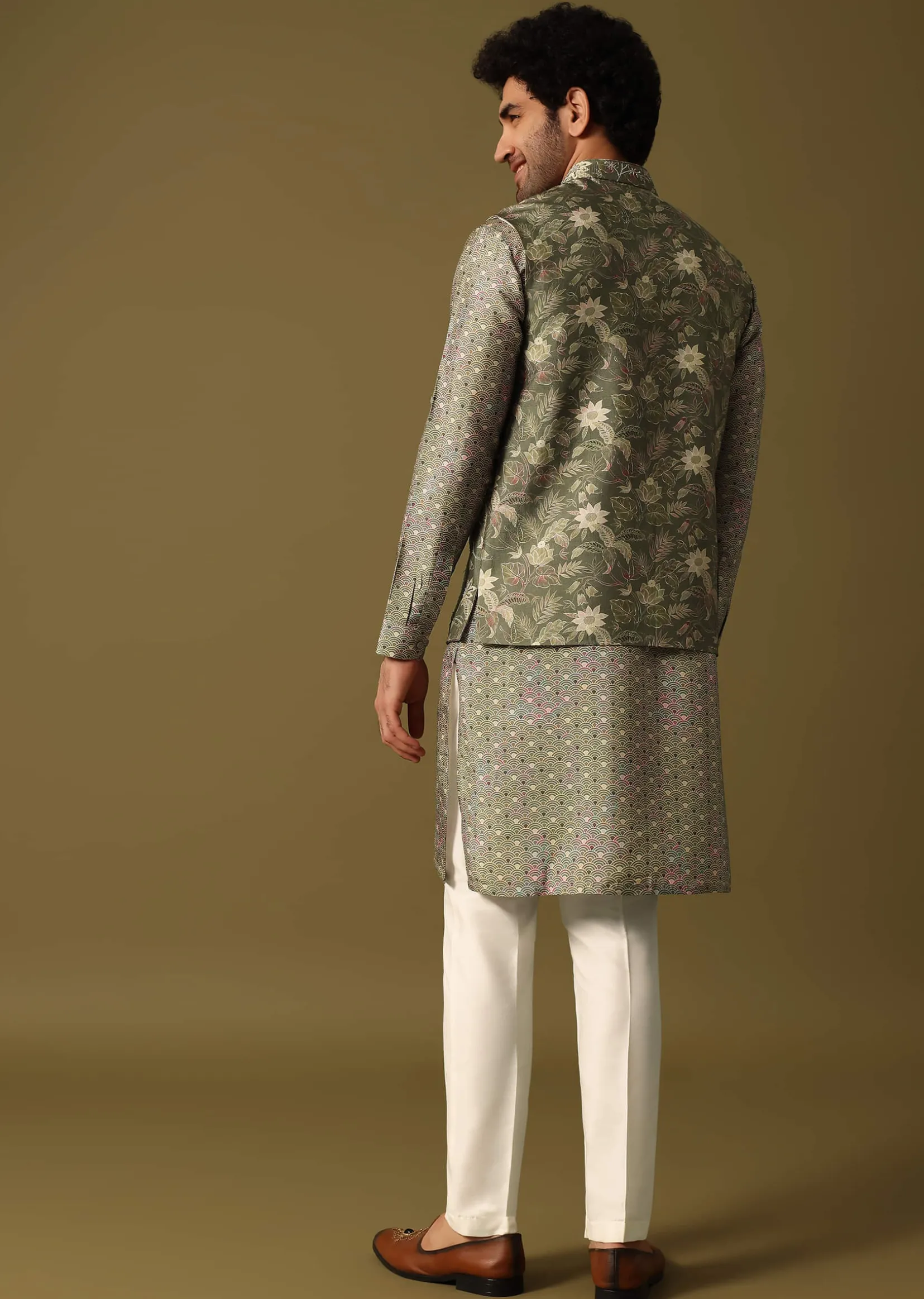 Olive Green Cutdana Embroidered Kurta Jacket Set For Men