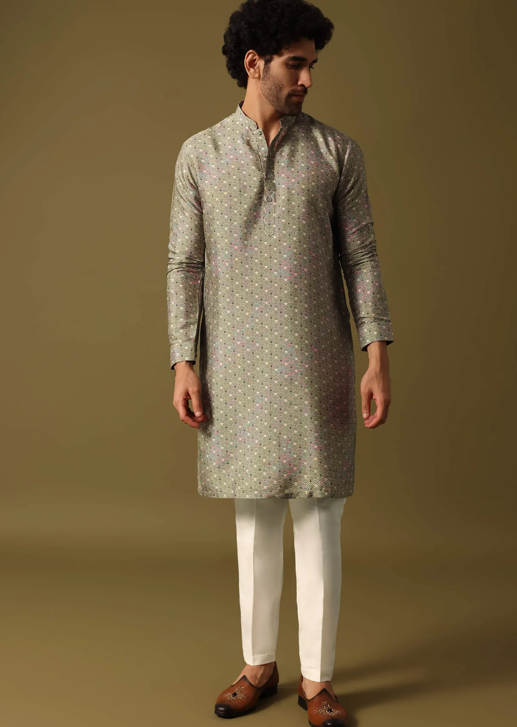 Olive Green Cutdana Embroidered Kurta Jacket Set For Men
