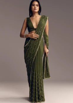 Olive Green Embroidered Chinon Saree With Scallop Border