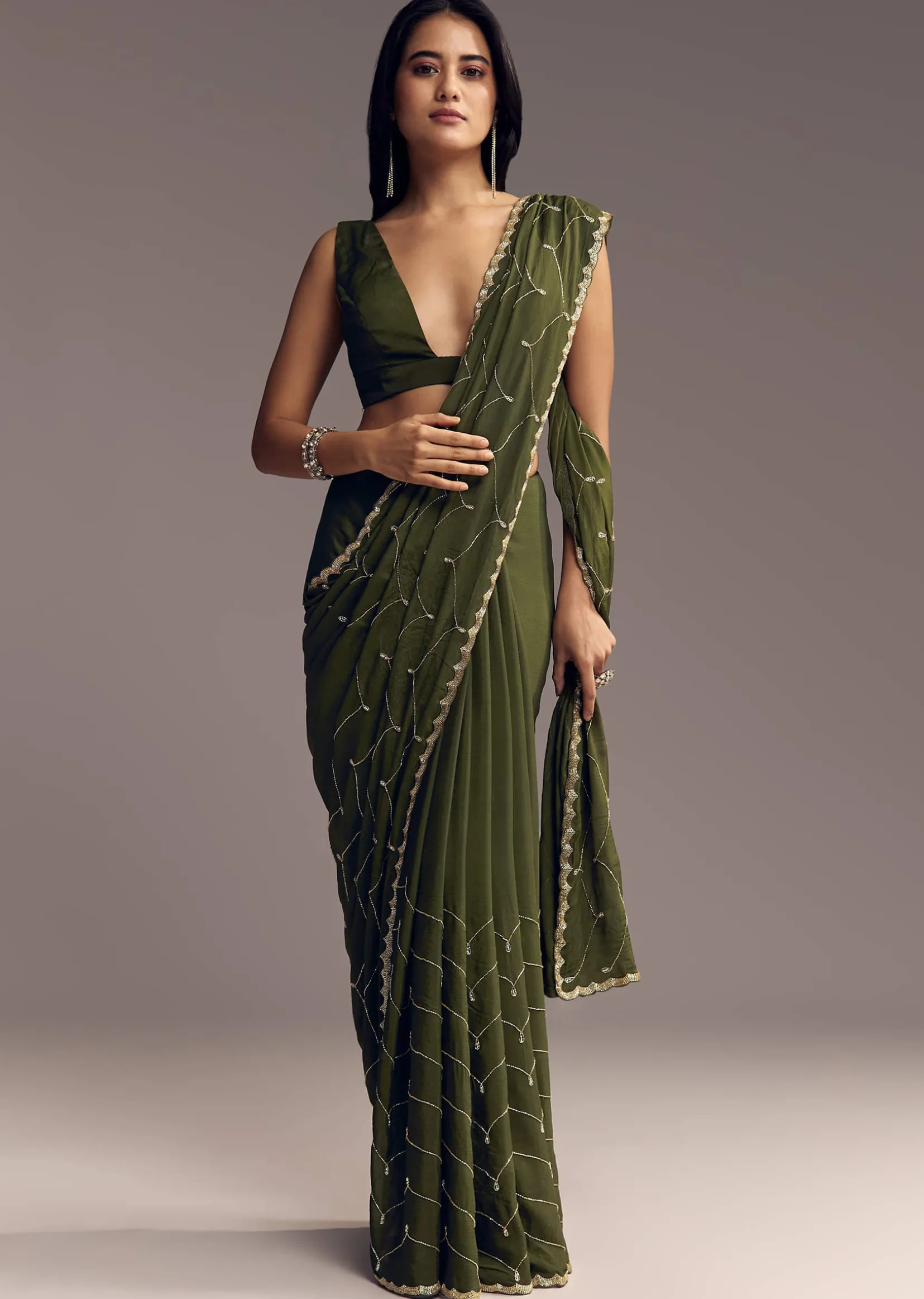Olive Green Embroidered Chinon Saree With Scallop Border