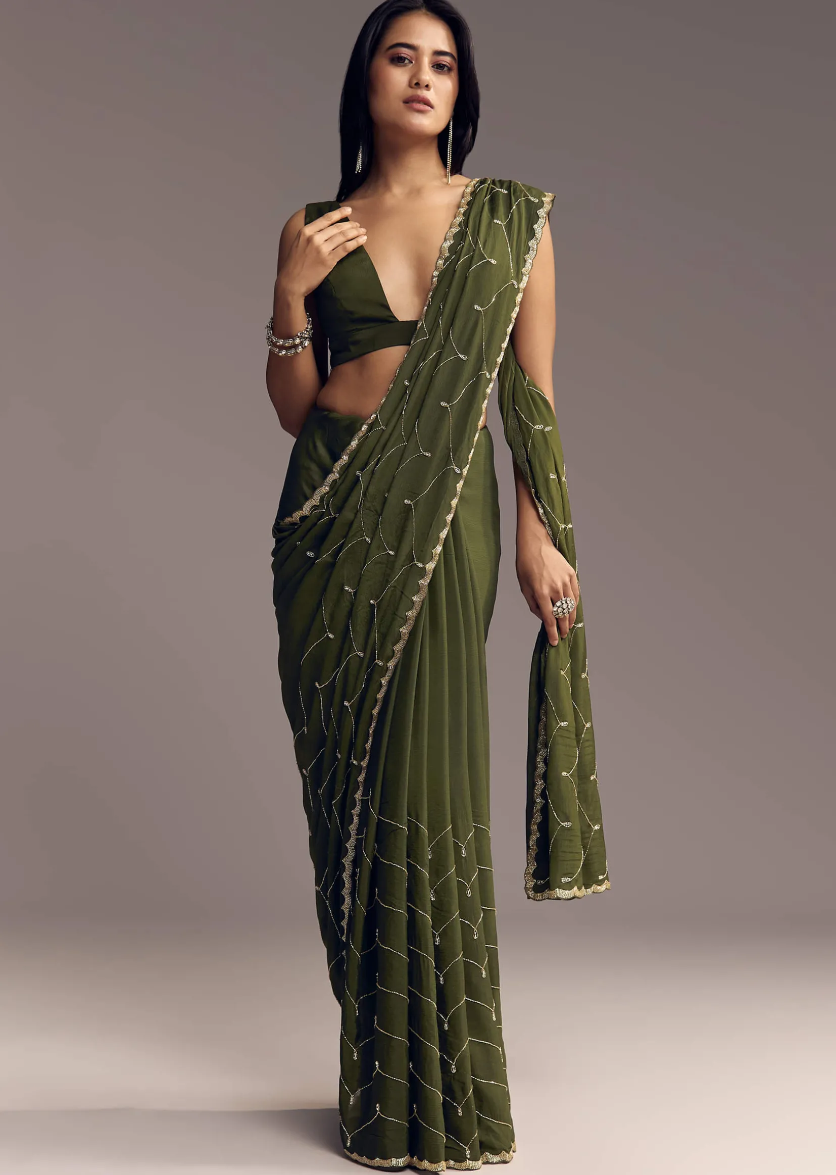 Olive Green Embroidered Chinon Saree With Scallop Border