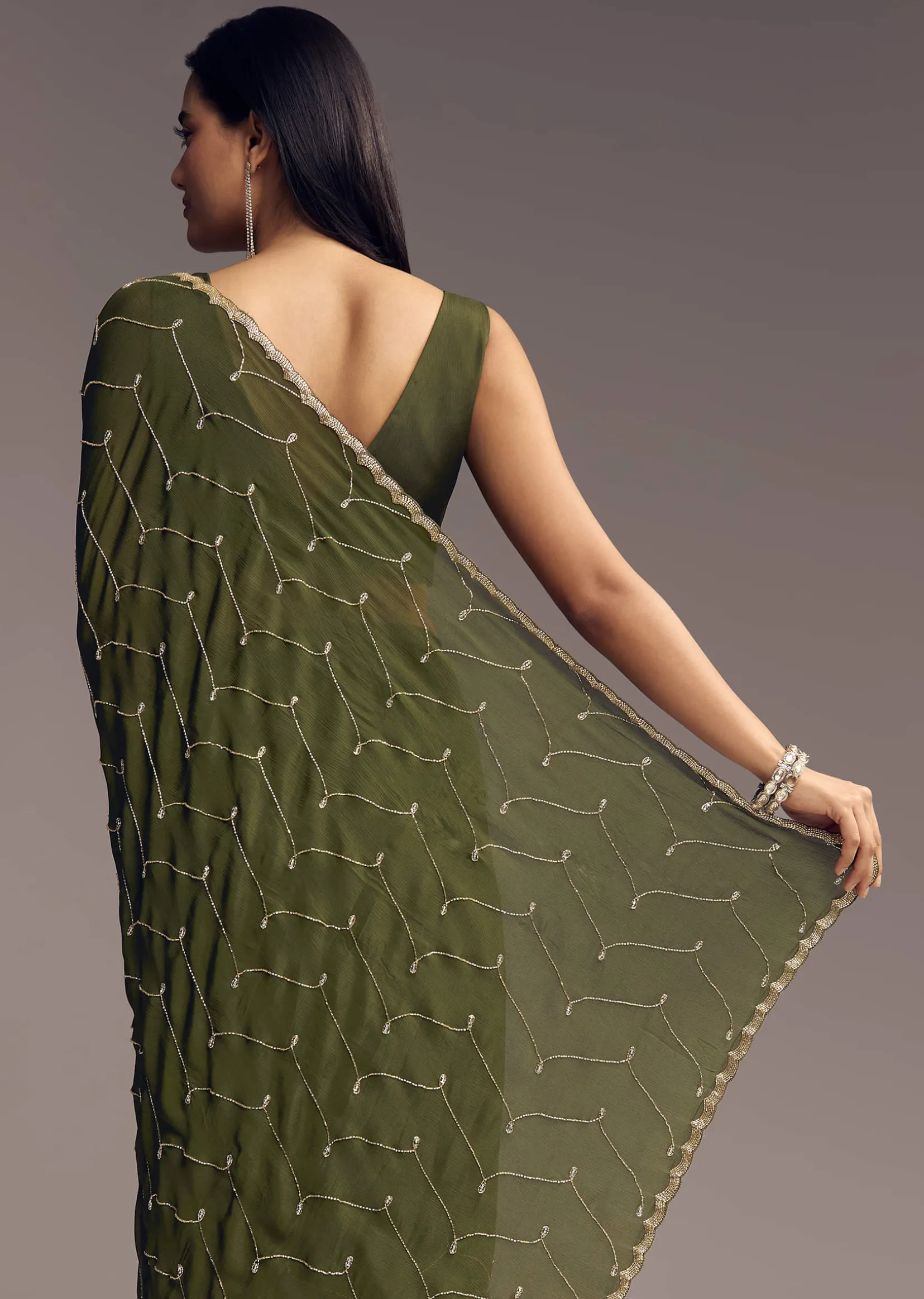 Olive Green Embroidered Chinon Saree With Scallop Border