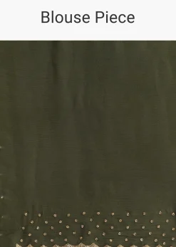 Olive Green Embroidered Chinon Saree With Scallop Border