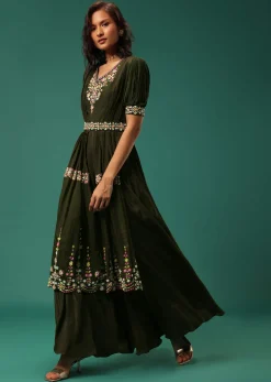Olive Green Embroidered Jumpsuit in Crepe With Mirror Work