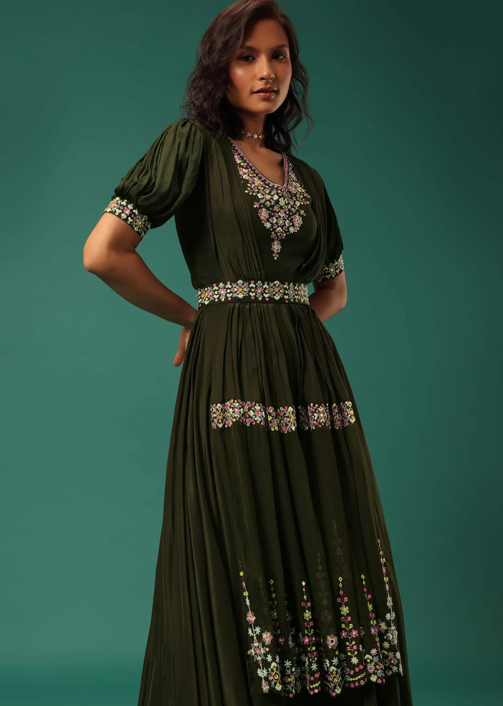 Olive Green Embroidered Jumpsuit in Crepe With Mirror Work