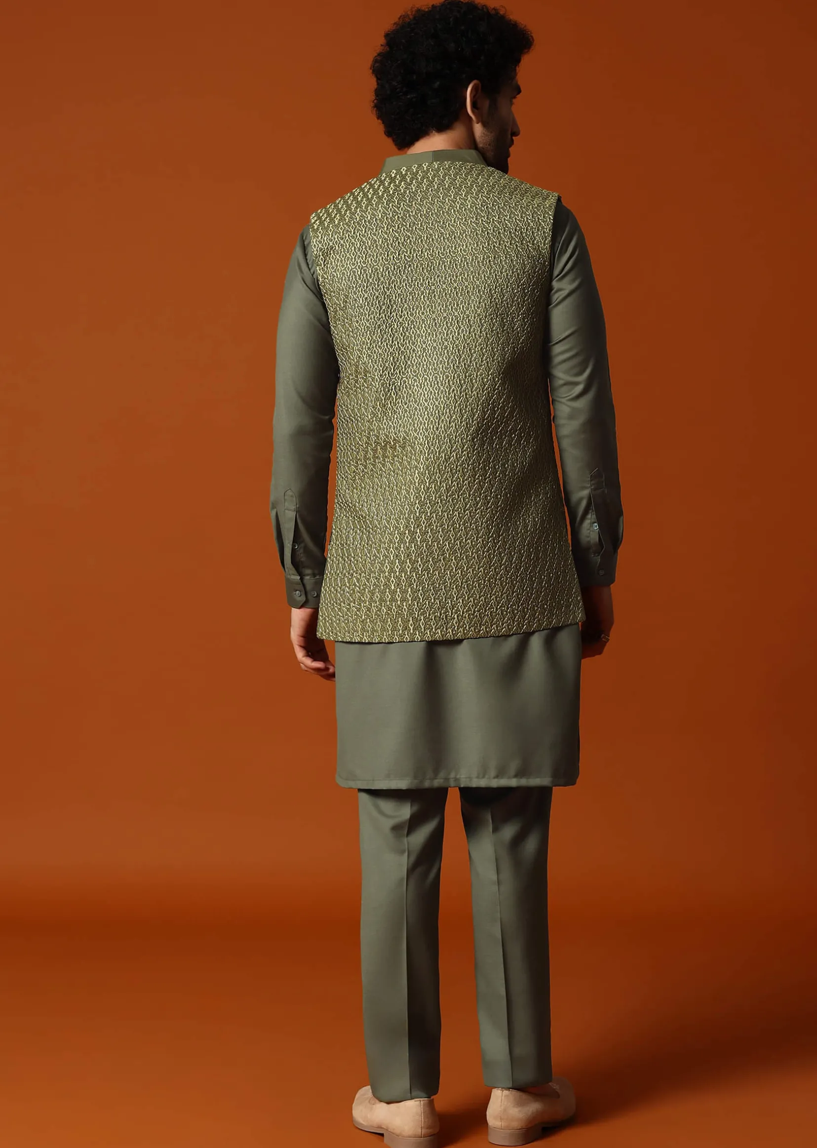 Olive Green Embroidered Kurta Jacket Set For Men