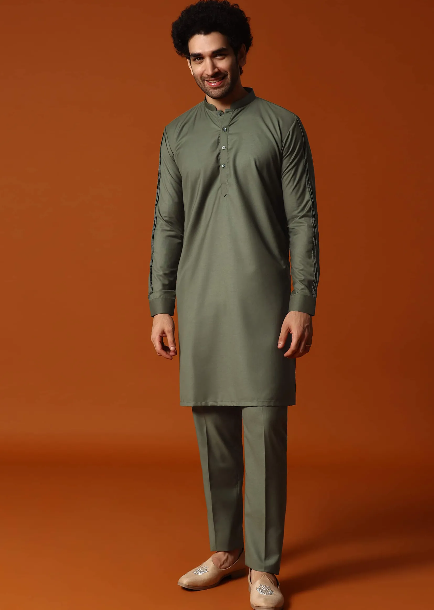 Olive Green Embroidered Kurta Jacket Set For Men