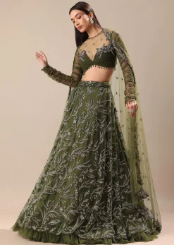 Olive Green Embroidered Lehenga And Blouse With Dupatta