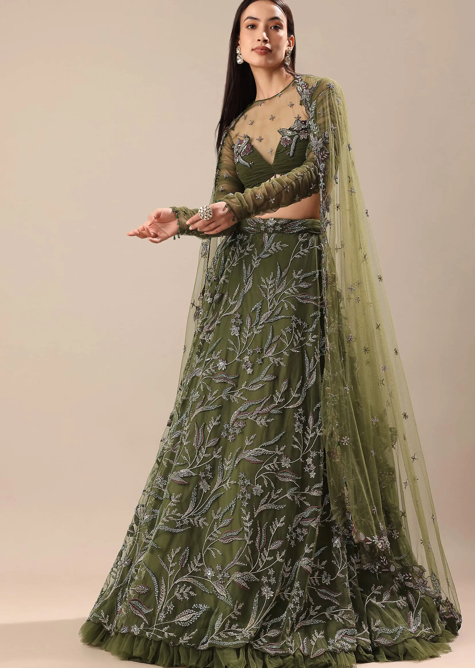 Olive Green Embroidered Lehenga And Blouse With Dupatta