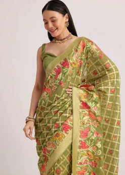 Olive Green Khaddi Georgette Jaal Work Saree With Animal Bird Motifs