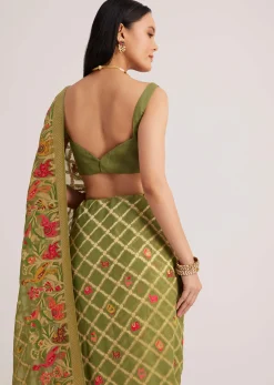 Olive Green Khaddi Georgette Jaal Work Saree With Animal Bird Motifs
