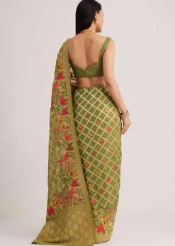 Olive Green Khaddi Georgette Jaal Work Saree With Animal Bird Motifs