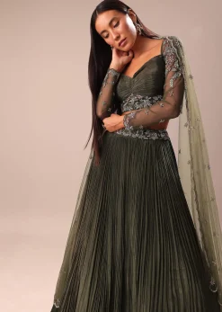Olive Green Lehenga With Embroidered Blouse And Dupatta