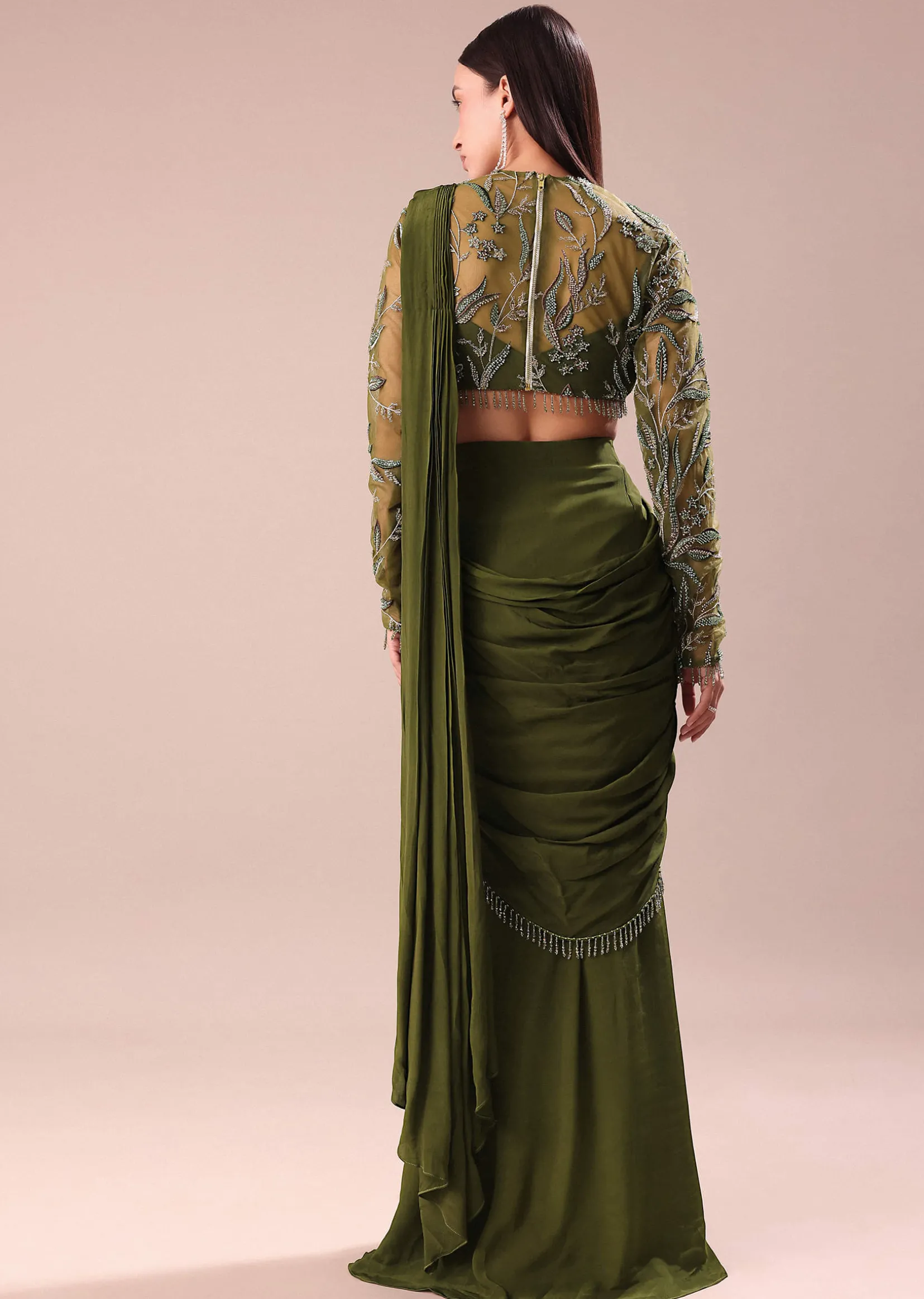 Olive Green Pre Draped Saree With Embroidered Blouse