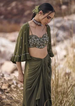 Olive Green Pre-Stitched Draped Skirt With Blouse And Cape