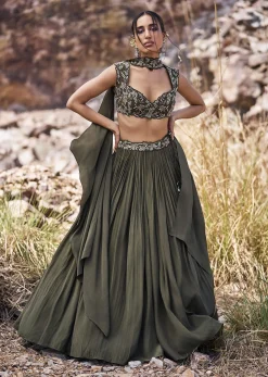 Olive Green Ruched Lehenga With Blouse And Asymmetric Dupatta