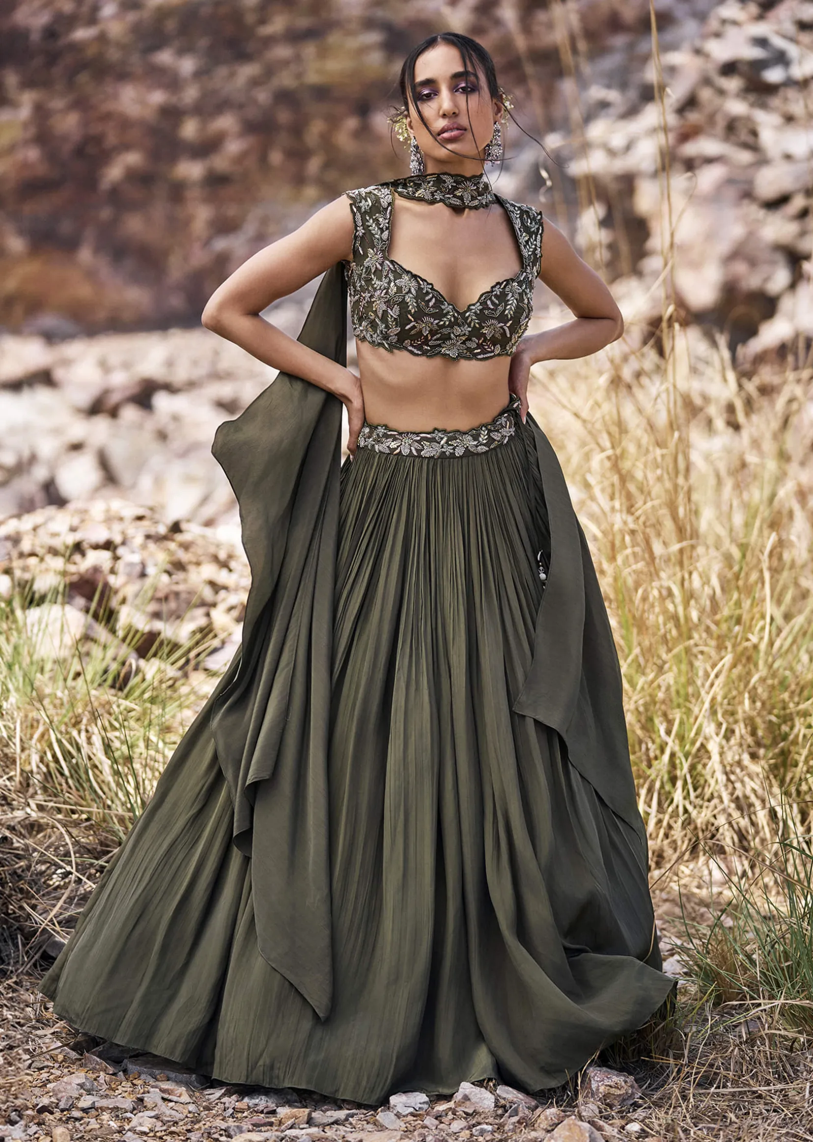 Olive Green Ruched Lehenga With Blouse And Asymmetric Dupatta