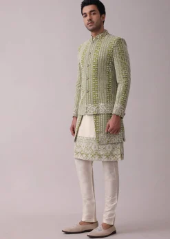 Olive Green Sherwani Set In Silk With Lucknowi Embroidery And Sequins Work