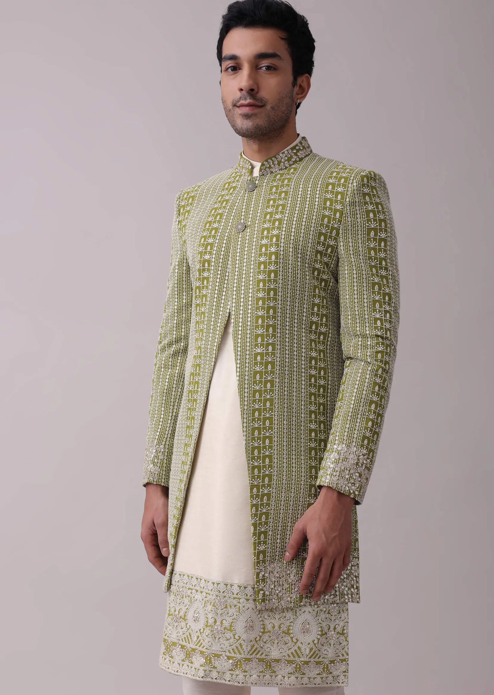 Olive Green Sherwani Set In Silk With Lucknowi Embroidery And Sequins Work