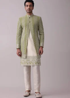 Olive Green Sherwani Set In Silk With Lucknowi Embroidery And Sequins Work