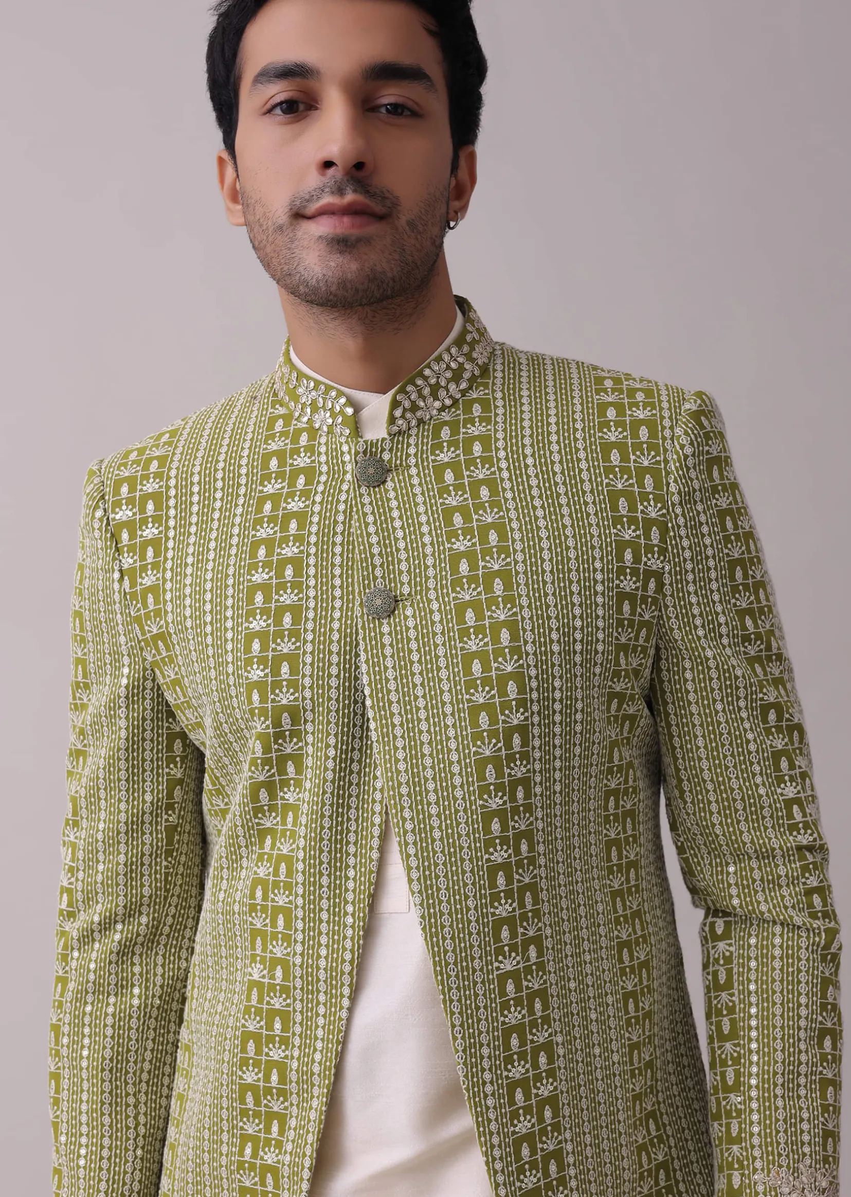Olive Green Sherwani Set In Silk With Lucknowi Embroidery And Sequins Work