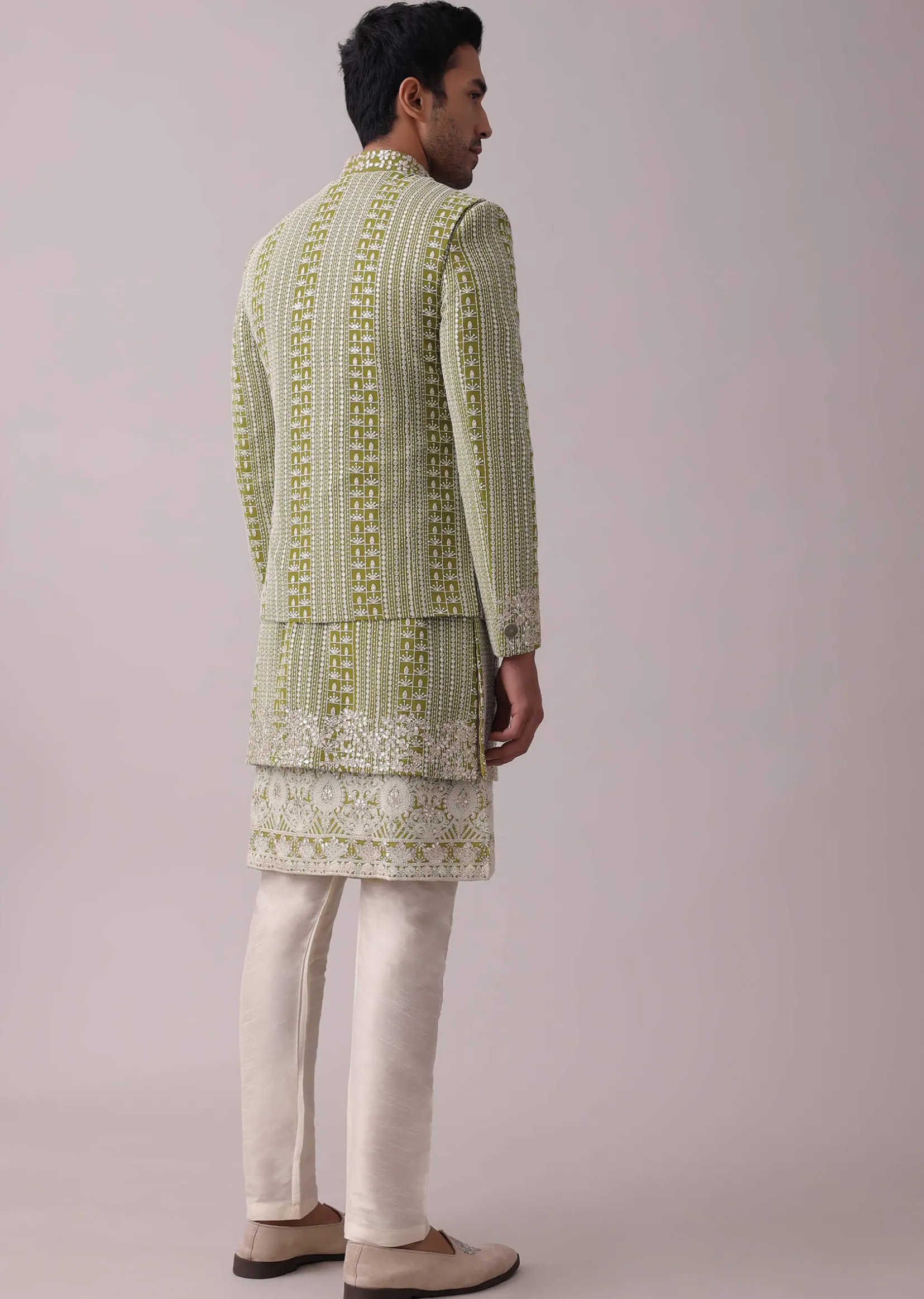 Olive Green Sherwani Set In Silk With Lucknowi Embroidery And Sequins Work