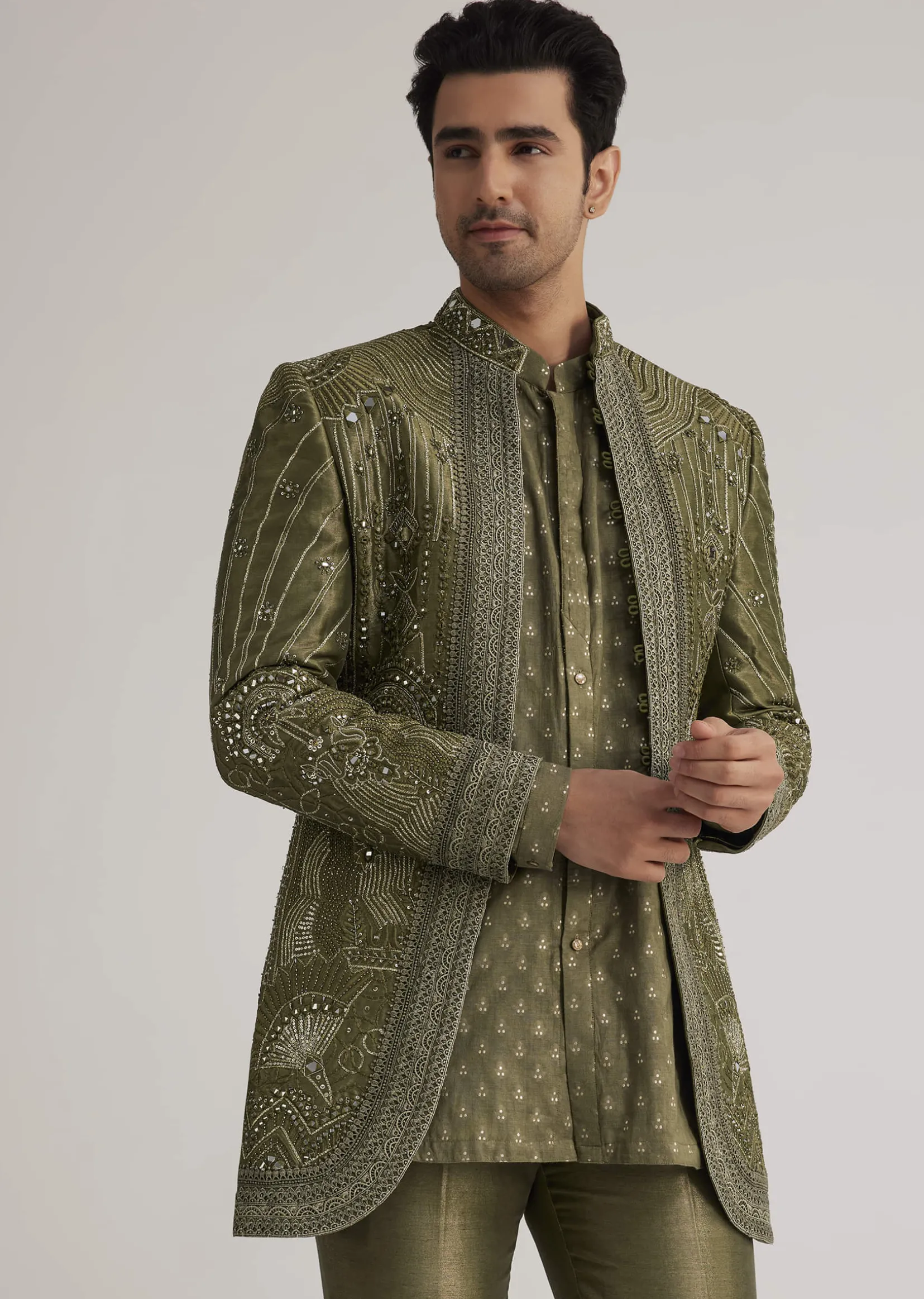 Olive Green Silk Indowestern Suit With Mirror Work