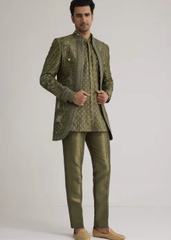 Olive Green Silk Indowestern Suit With Mirror Work