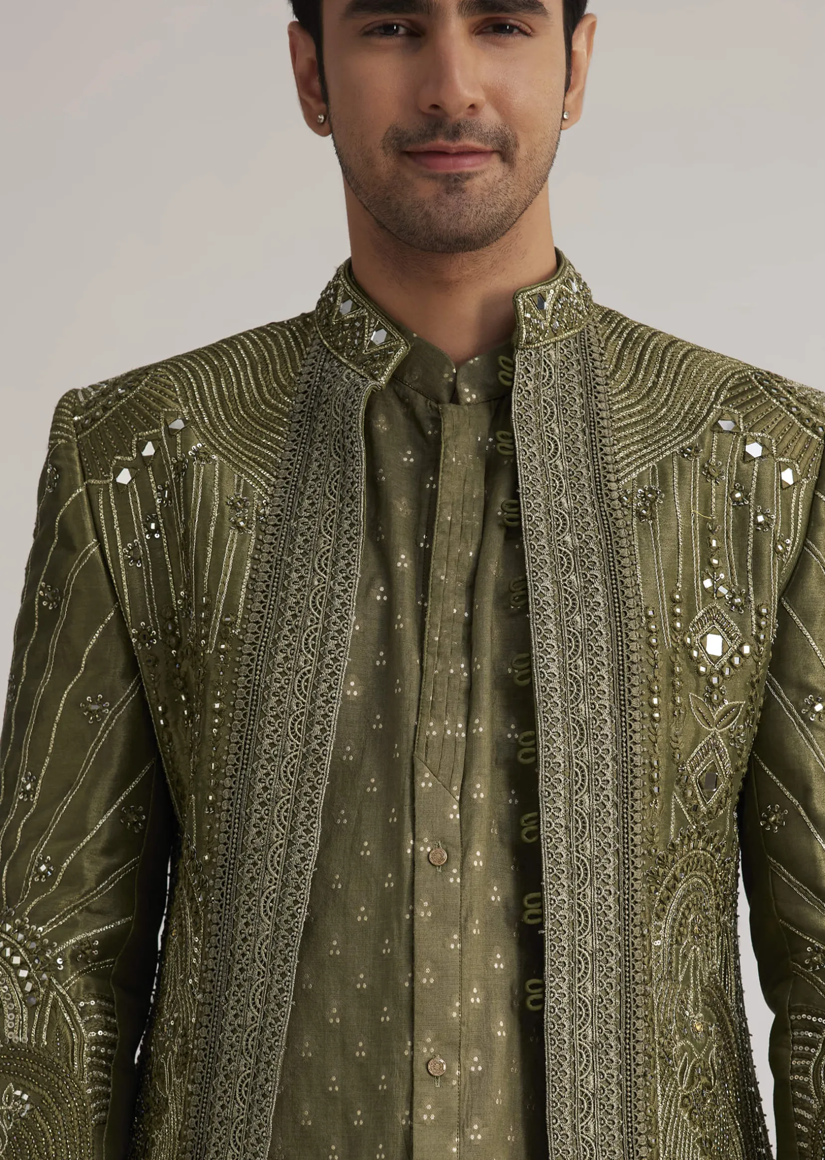 Olive Green Silk Indowestern Suit With Mirror Work