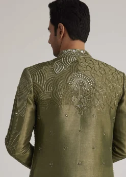 Olive Green Silk Indowestern Suit With Mirror Work