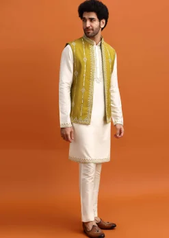 Olive Green Silk Kurta Jacket Set With Mirror Work