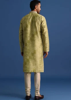 Olive Green Silk Printed Kurta Set