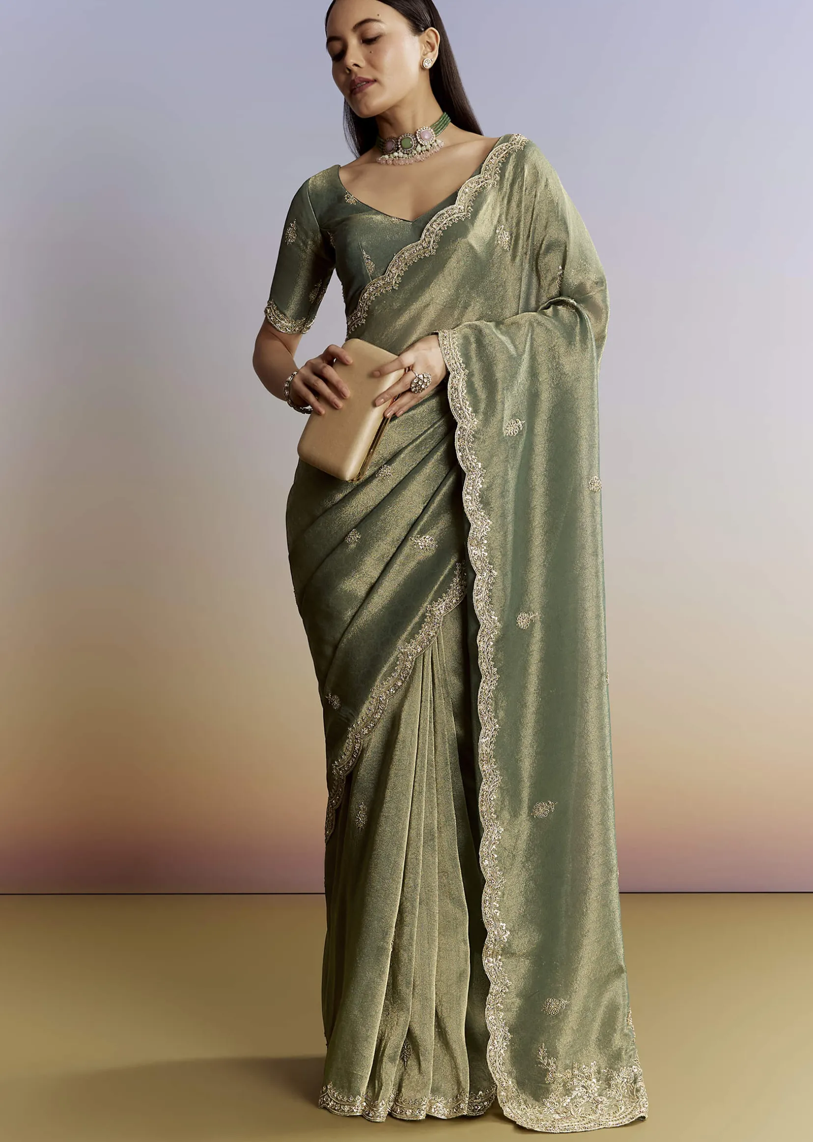 Olive Green Tissue Saree With Zardosi And Sequin Embroidery