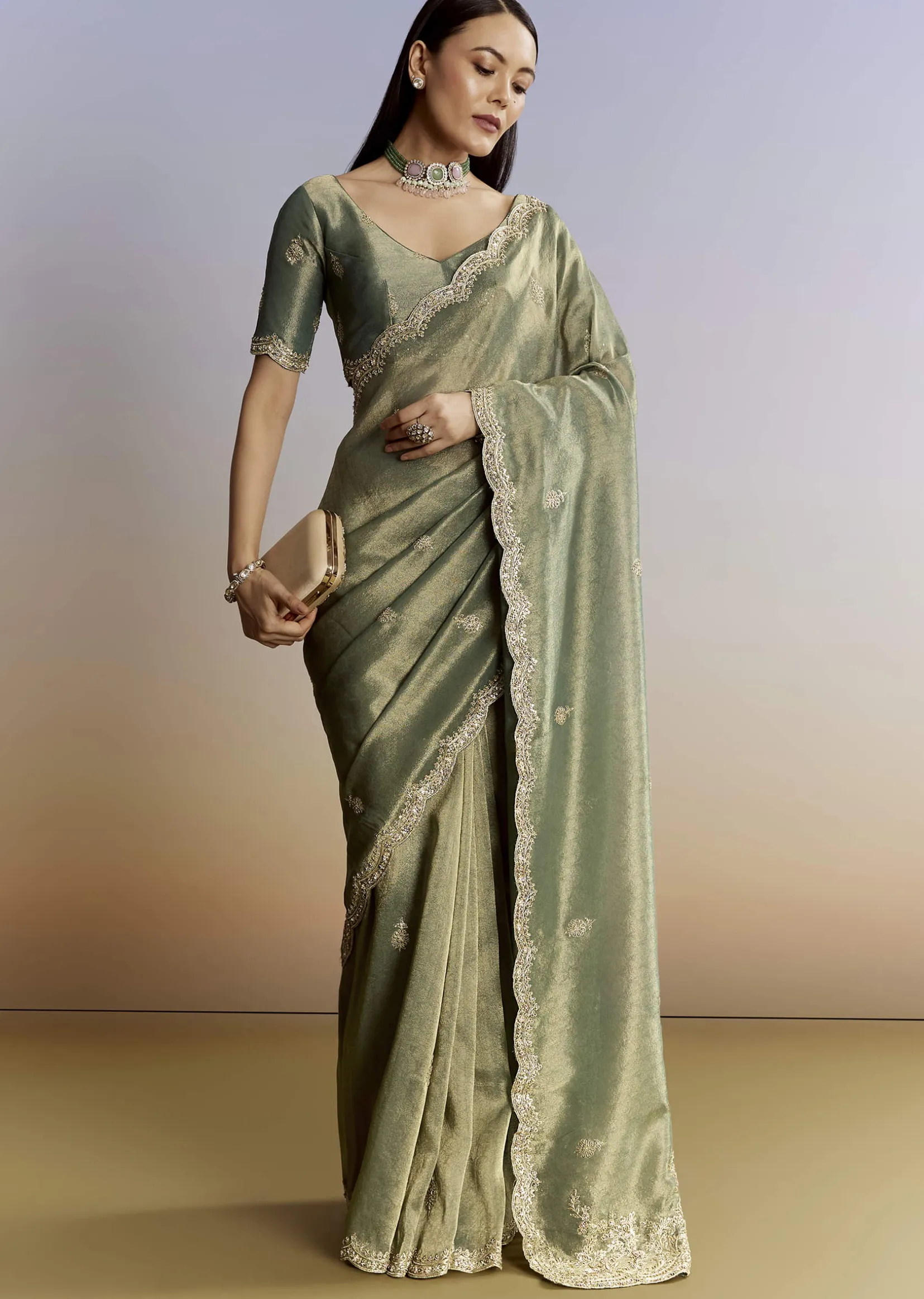 Olive Green Tissue Saree With Zardosi And Sequin Embroidery