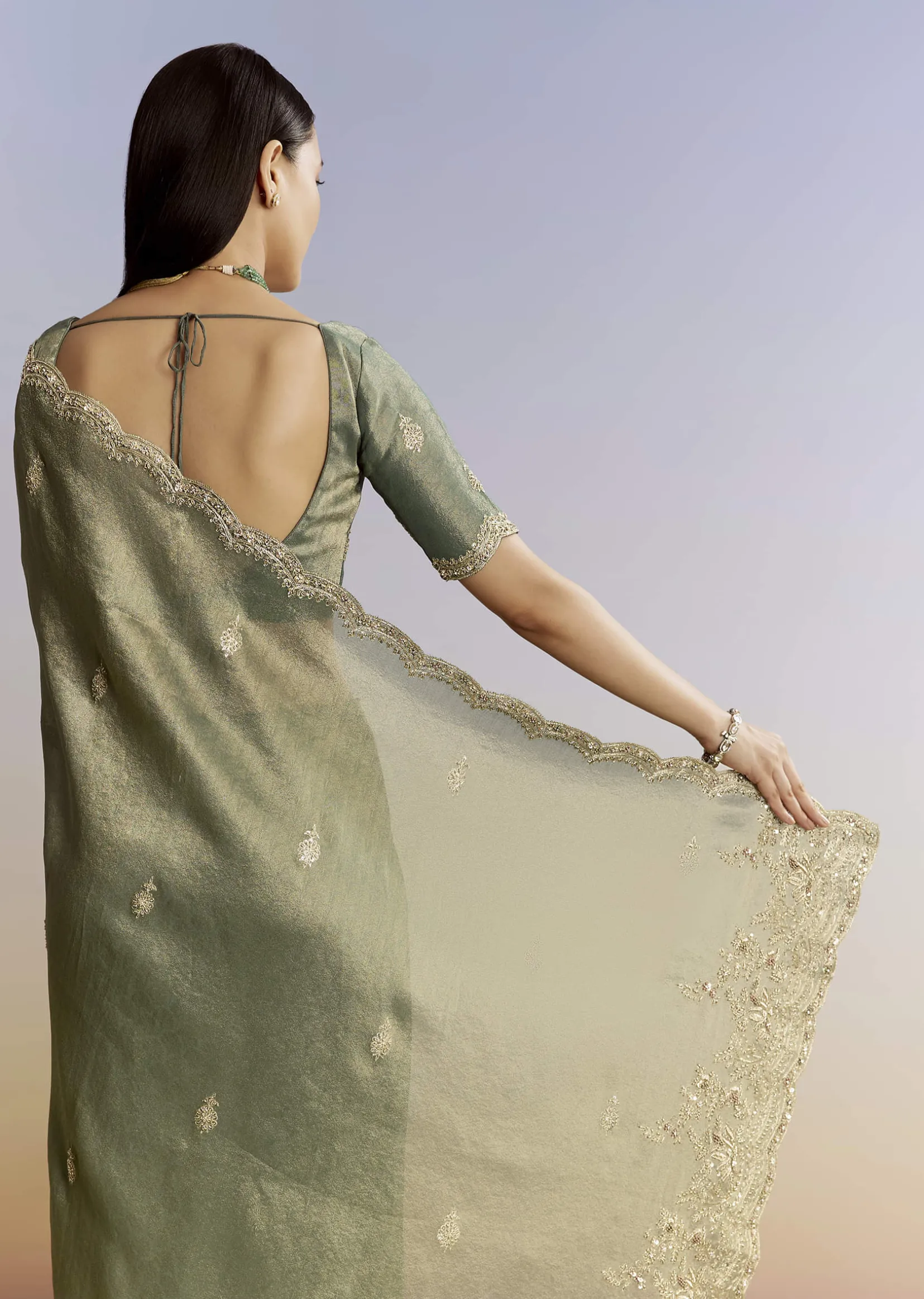 Olive Green Tissue Saree With Zardosi And Sequin Embroidery