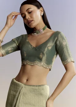 Olive Green Tissue Saree With Zardosi And Sequin Embroidery