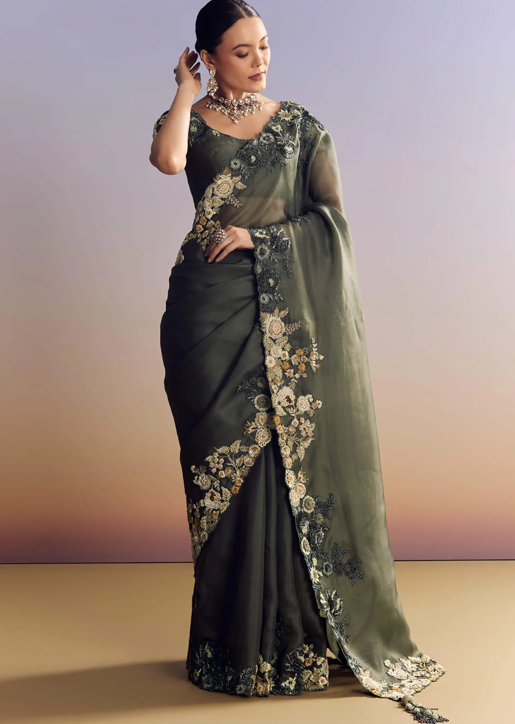 Olive Green Tissue Saree With Cutwork Border And Heavy Embroidery