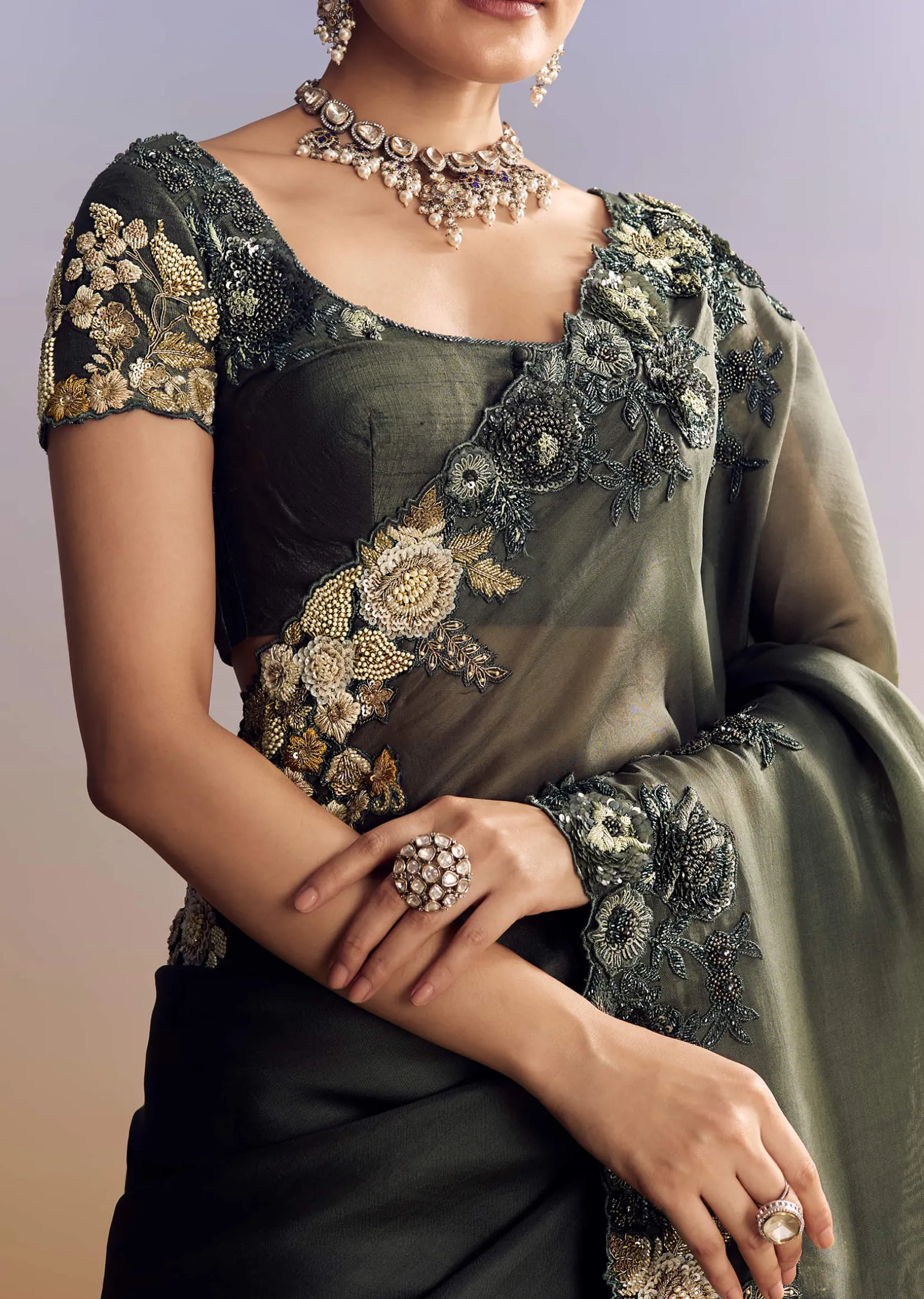 Olive Green Tissue Saree With Cutwork Border And Heavy Embroidery