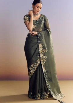 Olive Green Tissue Saree With Cutwork Border And Heavy Embroidery