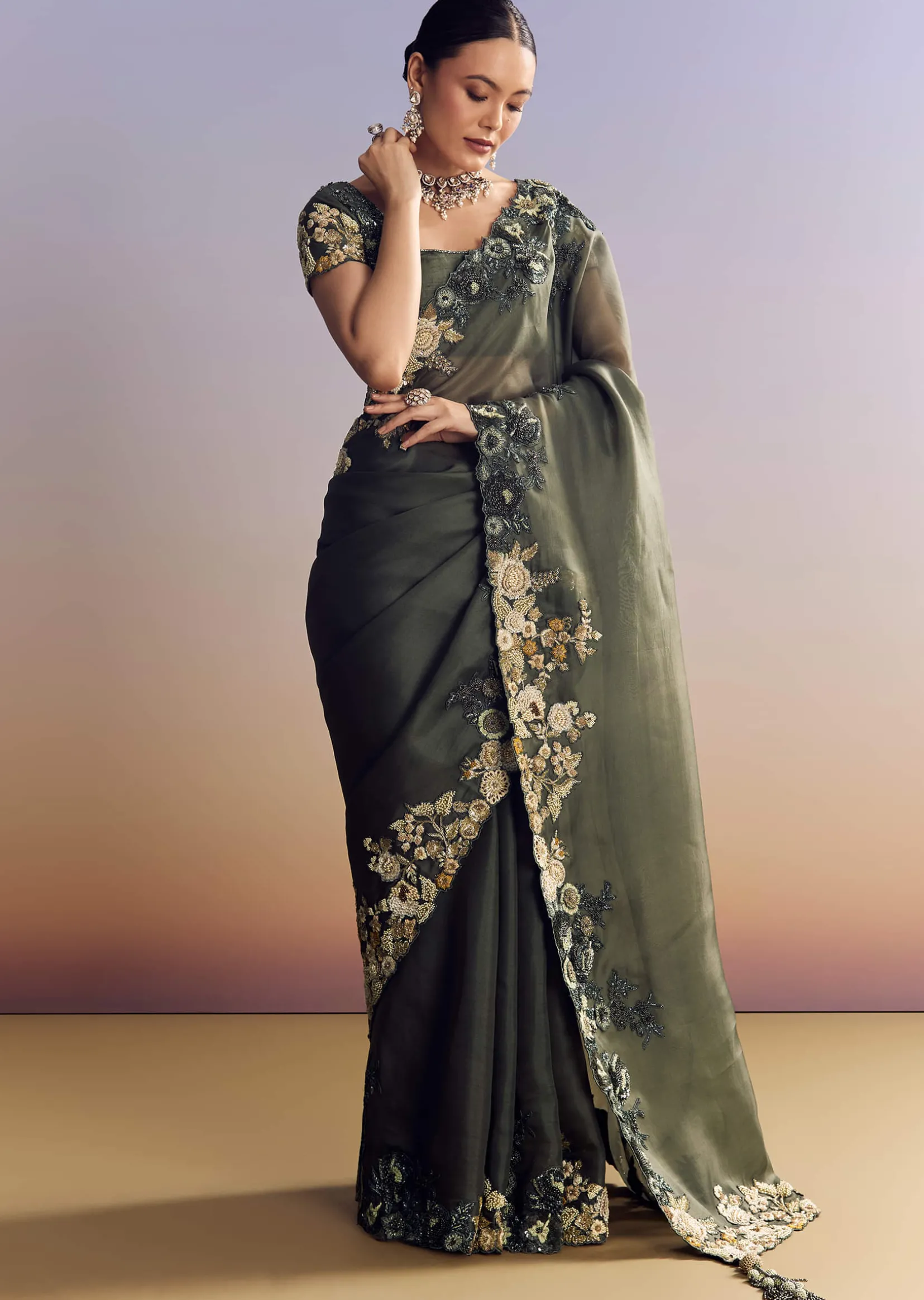 Olive Green Tissue Saree With Cutwork Border And Heavy Embroidery