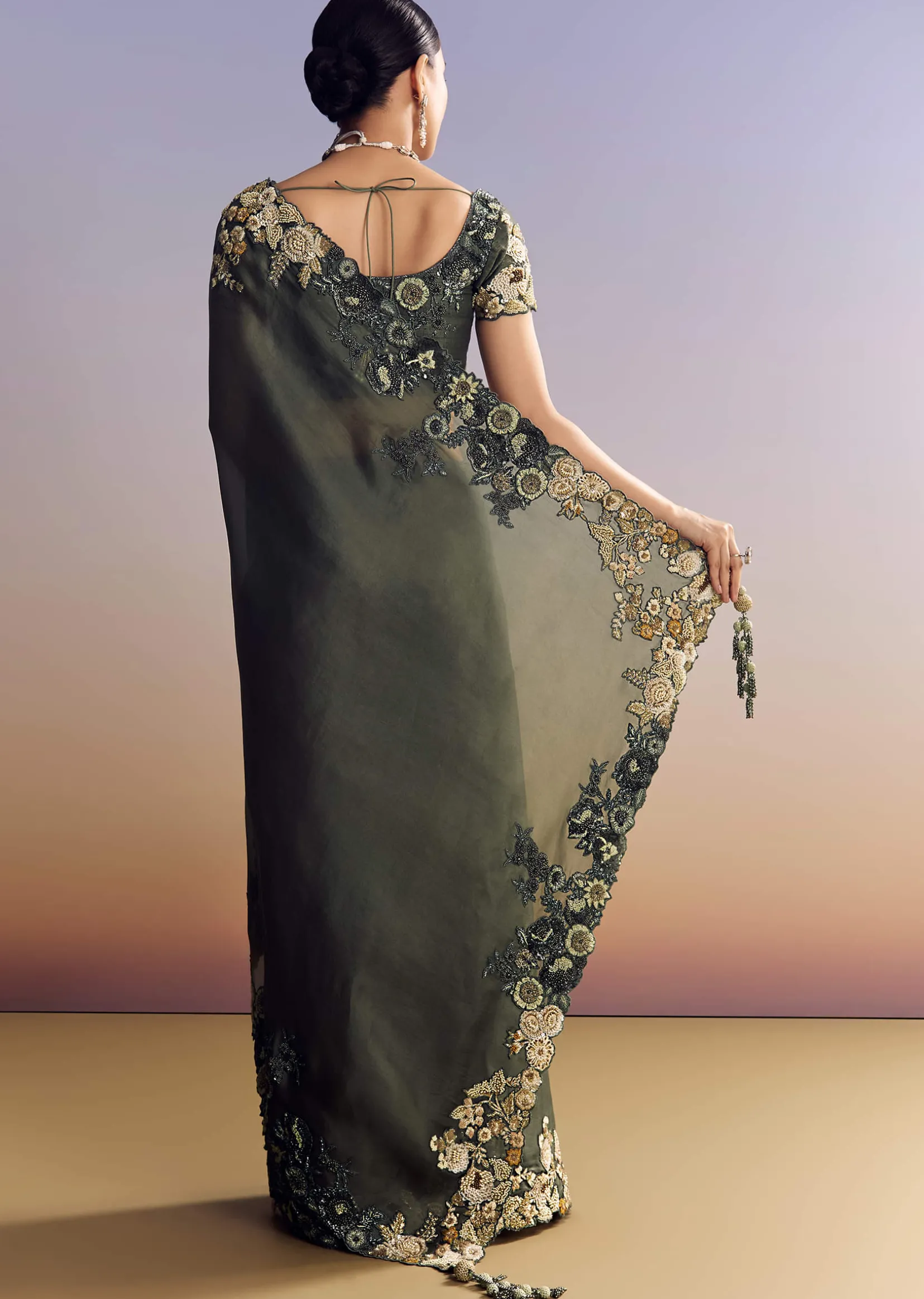 Olive Green Tissue Saree With Cutwork Border And Heavy Embroidery