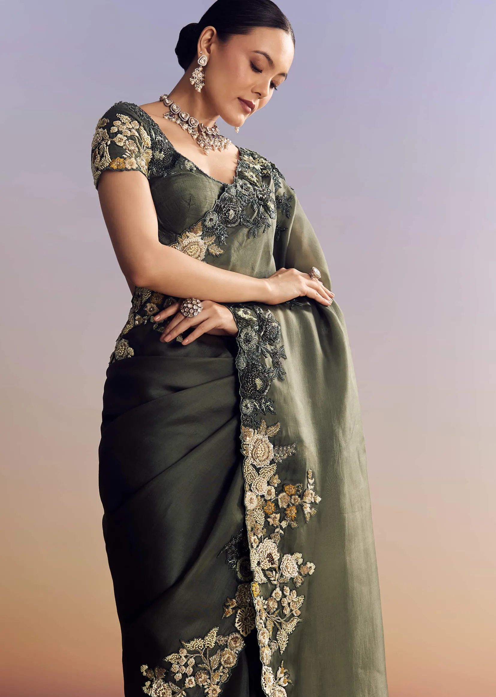 Olive Green Tissue Saree With Cutwork Border And Heavy Embroidery